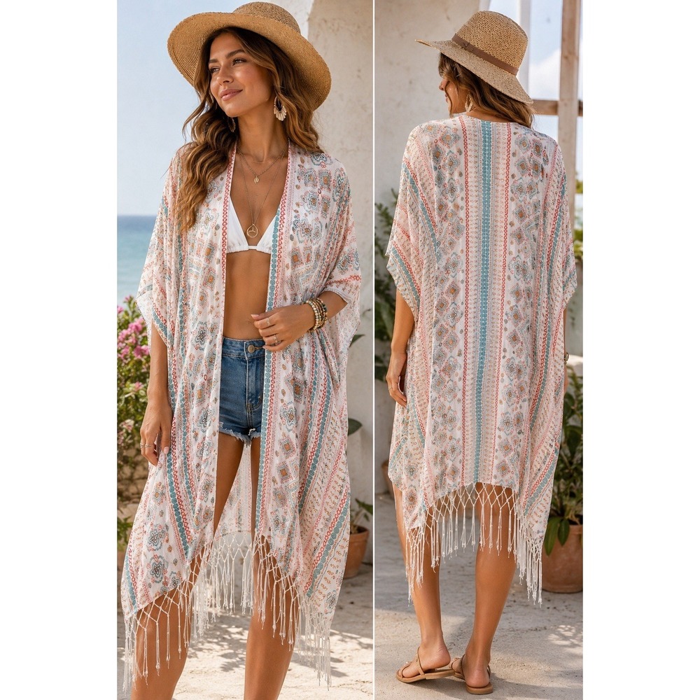 Lake Shore Drive Boho Fringe Kimono Cover Up One Size Festival Beach Duster 0380
